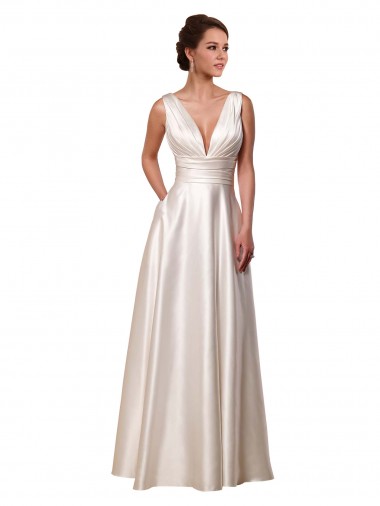 Ivory V-Neck Sleeveless Satin A-Line Wedding Gowns Townsville