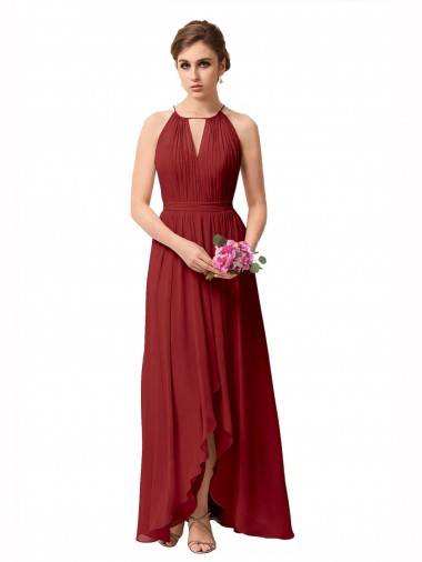 Burgundy High Neck Sleeveless A-Line High Low Bridesmaid Dress Townsville