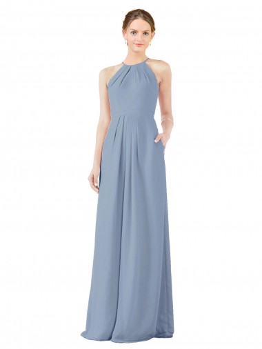 Dusty Blue High Neck Sleeveless Keyhole Back Sheath Bridesmaid Dress Townsville