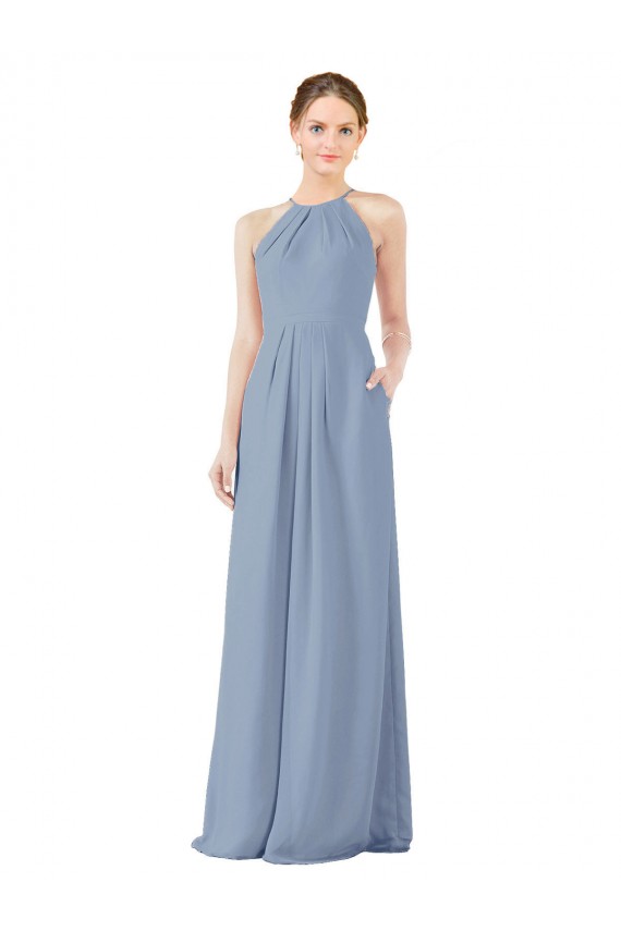 Dusty Blue High Neck Sleeveless Keyhole Back Sheath Bridesmaid Dress Townsville