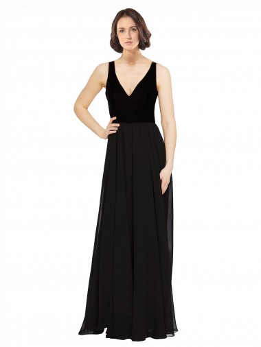 Black V-Neck Sleeveless V-Back Soft Chiffon & Velvet A-Line Prom Dress / Bridesmaid Dress Townsville