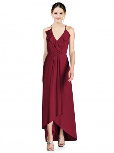 Burgundy V-Neck Sleeveless Open Back A-Line High Low Bridesmaid Dress Townsville