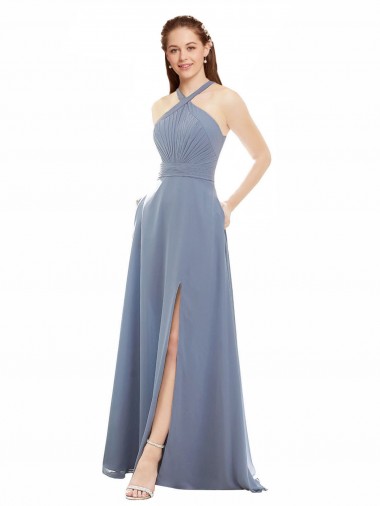 Dusty Blue High Neck Sleeveless A-Line Evening Dress / Bridal Party Dress Townsville