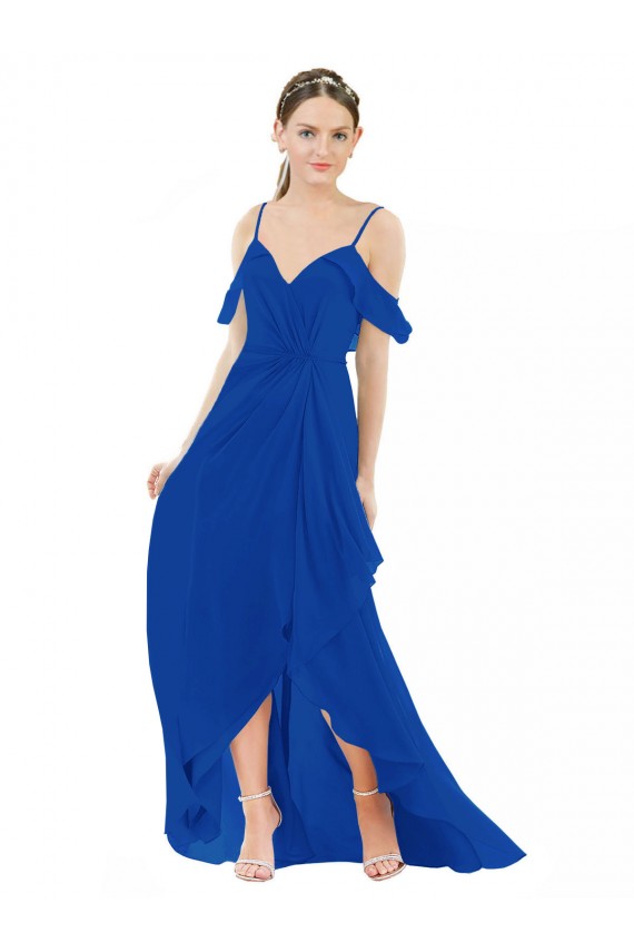 Royal Blue V-Neck Cold Shoulder A-Line High Low Bridesmaid Dress Townsville