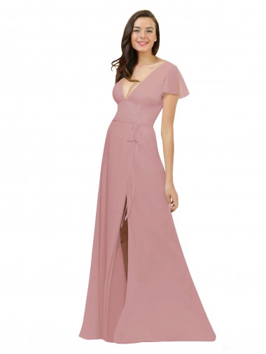 Dusty Pink V-Neck Flutter Sleeves V-Back A-Line Bridesmaid Dress / Evening Dress Townsville