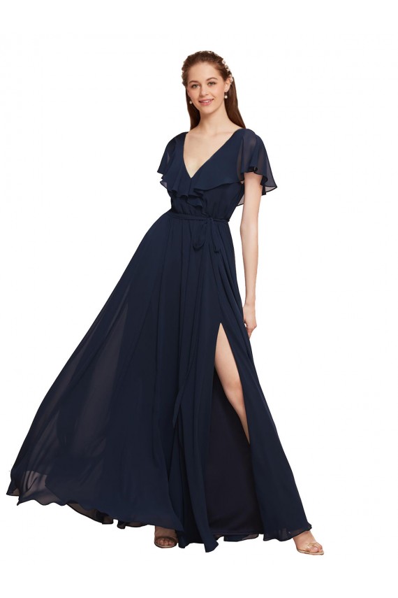 Dark Navy V-Neck Cap Sleeves V-Back A-Line Evening Gowns / Bridesmaid Dresses Townsville