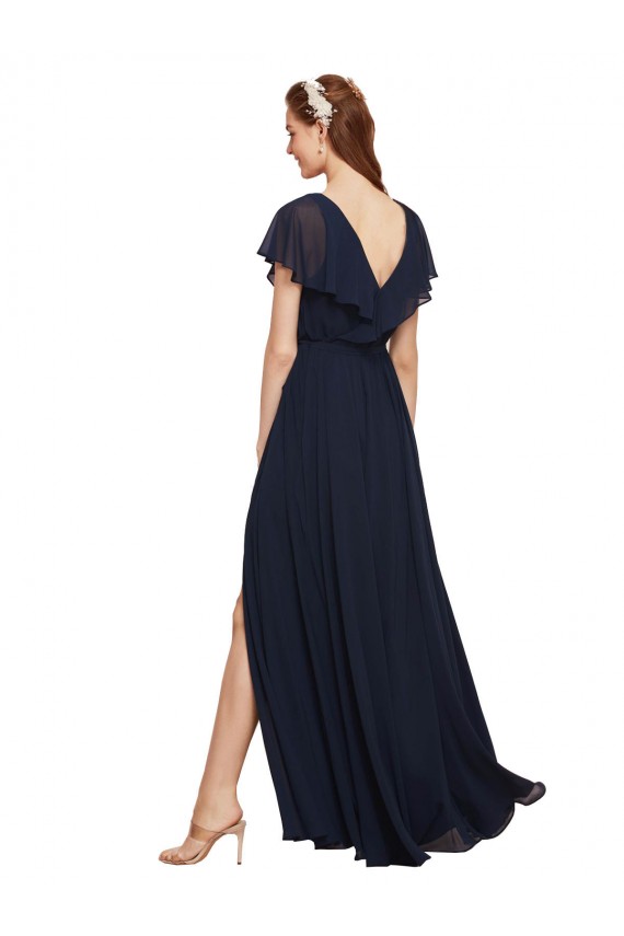 Dark Navy V-Neck Cap Sleeves V-Back A-Line Evening Gowns / Bridesmaid Dresses Townsville