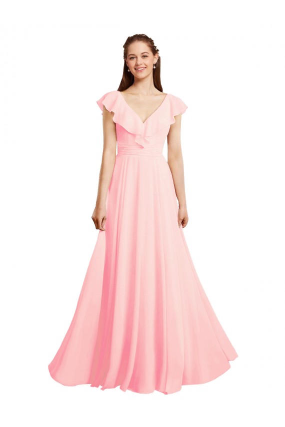 Pink V-Neck Cap Sleeves V-Back A-Line Bridesmaid Dress / Evening Gowns Townsville