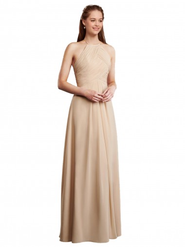 Champagne Halter Neck Sleeveless Low Back A-Line Bridesmaid Dress Townsville