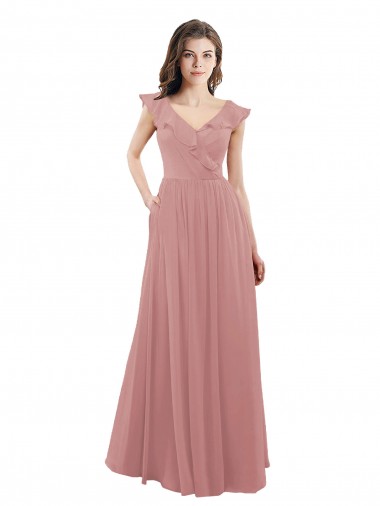 Dusty Pink V-Neck Cap Sleeves V-Back A-Line Bridesmaid Dress Townsville