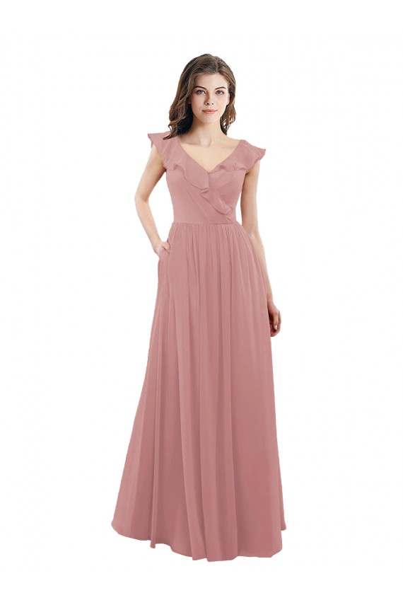 Dusty Pink V-Neck Cap Sleeves V-Back A-Line Bridesmaid Dress Townsville