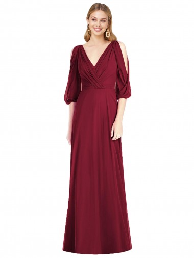 Burgundy V-Neck Bell Sleeves V-Back Trumpet Formal Dress / Bridesmaid Dress Townsville