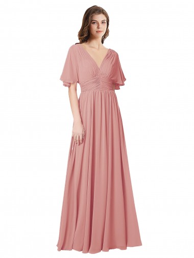 Bliss Pink V-Neck Flutter Sleeves V-Back A-Line Bridesmaid Dress Townsville