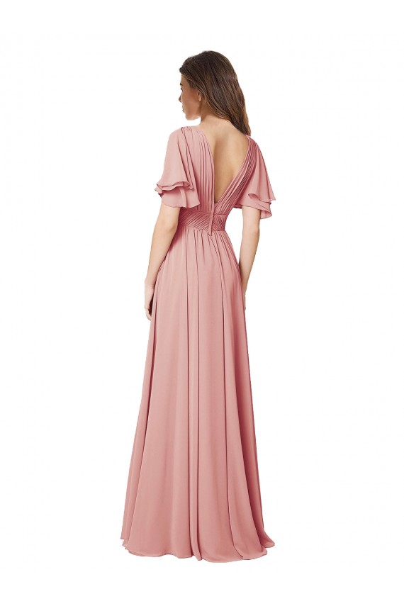 Bliss Pink V-Neck Flutter Sleeves V-Back A-Line Bridesmaid Dress Townsville