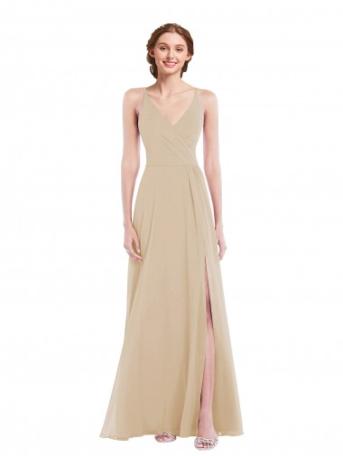 Champagne V-Neck Sleeveless Open Back A-Line Semi Formal Evening Dress / Bridesmaid Dress Townsville