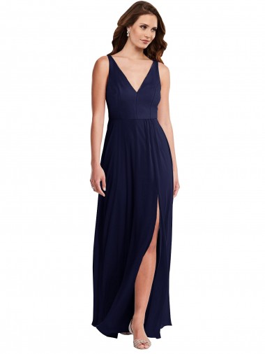 Dark Navy V-Neck Sleeveless V-Back A-Line Black Tie Evening Gown / Bridesmaid Dress Townsville