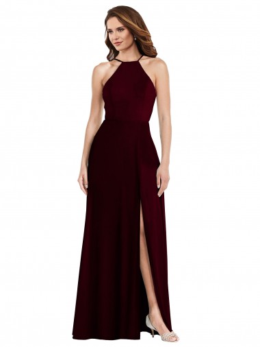 Burgundy Gold Halter Neck Sleeveless Low Back A-Line Semi Formal Evening Dress / Bridesmaid Dress Townsville