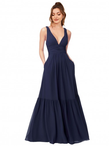 Dark Navy V-Neck Sleeveless V-Back A-Line Evening Gowns / Bridesmaid Dress Townsville