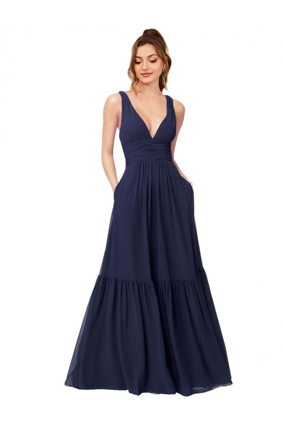 Dark Navy V-Neck Sleeveless V-Back A-Line Evening Gowns / Bridesmaid Dress Townsville