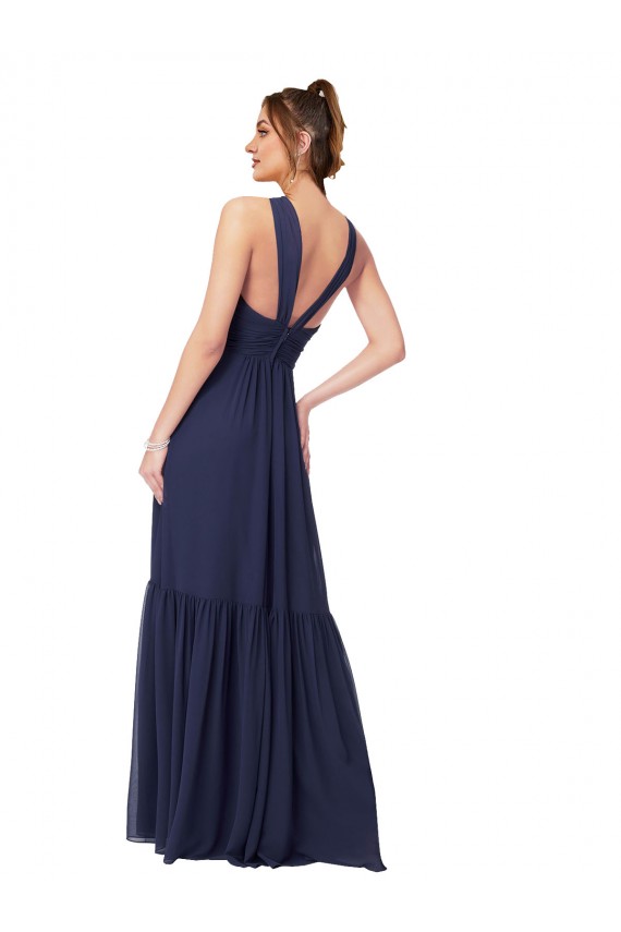 Dark Navy V-Neck Sleeveless V-Back A-Line Evening Gowns / Bridesmaid Dress Townsville