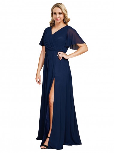 Dark Navy V-Neck Short Flutter Sleeves A-Line Formal Plus Size Evening Gown / Prom Dress / Bridesmaid Dress Townsville