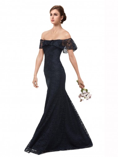 Dark Navy Off the Shoulder Flutter Sleeves Mermaid Prom Dress / Bridesmaid Dress Townsville