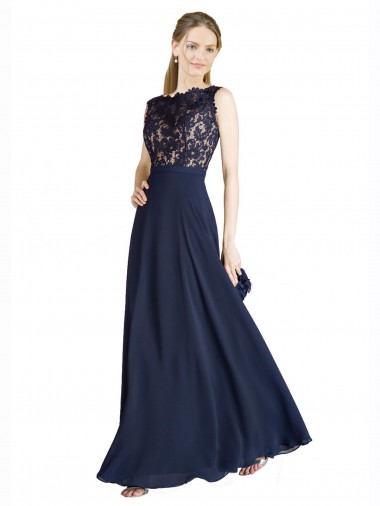 Dark Navy Illusion Neck Sleeveless V-Back A-Line Prom Dress / Bridesmaid Dress Townsville