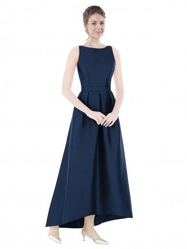 Dark Navy Bateau Neck Sleeveless A-Line High Low Bridesmaid Dress Townsville