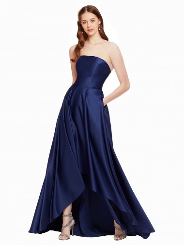 Dark Navy Strapless Sleeveless Low Back A-Line High Low Evening Gown / Prom Dress / Bridesmaid Dress Townsville