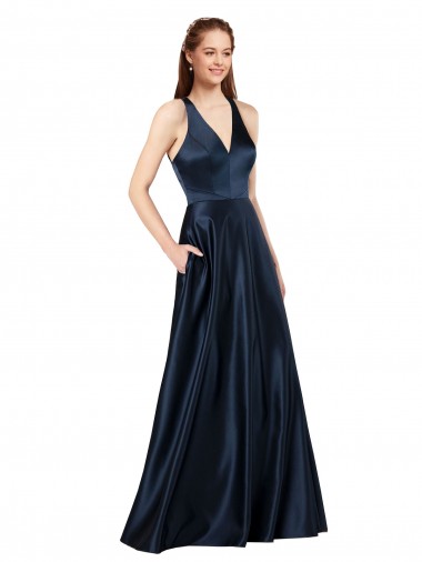 Dark Navy V-Neck Sleeveless Keyhole Back A-Line Formal Evening Gown / Prom Dress / Bridesmaid Dress Townsville