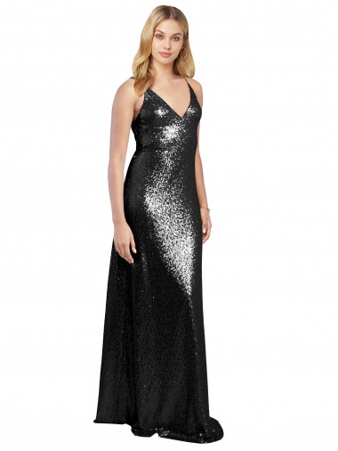 Black V-Neck Sleeveless V-Back Sequin A-Line Formal Evening Gown / Prom Dress / Bridesmaid Dress Townsville