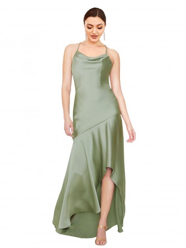 Smoke Green Cowl Neck Sleeveless Open Back A-Line High Low Evening Gown / Prom Dress / Bridesmaid Dress Townsville