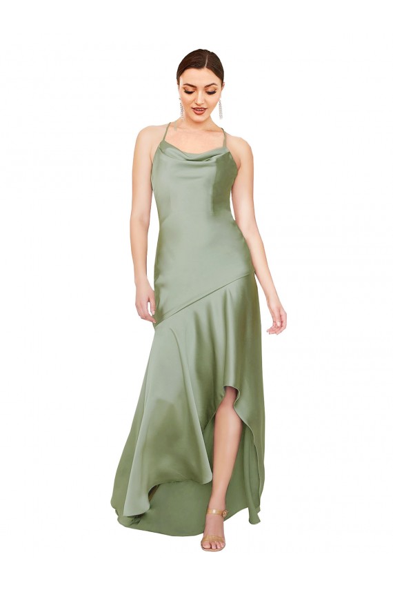 Smoke Green Cowl Neck Sleeveless Open Back A-Line High Low Evening Gown / Prom Dress / Bridesmaid Dress Townsville