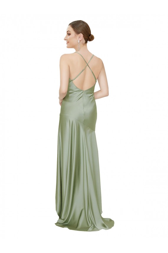 Smoke Green Cowl Neck Sleeveless Open Back A-Line High Low Evening Gown / Prom Dress / Bridesmaid Dress Townsville