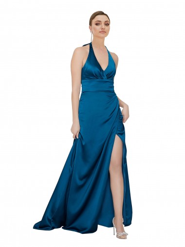 Peacock Blue Halter Neck Sleeveless Open Back A-Line Formal Evening Gown / Prom Dress / Bridesmaid Dress Townsville