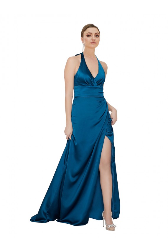 Peacock Blue Halter Neck Sleeveless Open Back A-Line Formal Evening Gown / Prom Dress / Bridesmaid Dress Townsville