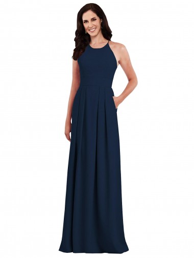 Dark Navy Halter Neck Sleeveless Open Back Trumpet Semi Formal Evening Dress / Bridesmaid Dress Townsville