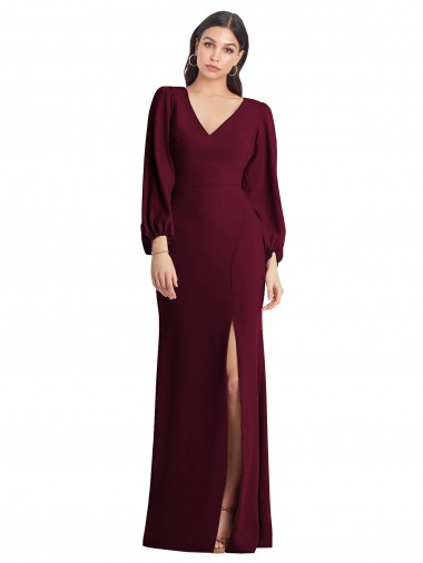 Burgundy Gold V-Neck Puff Sleeves Trumpet Semi Formal Evening Dress / Prom Dress / Bridesmaid Dress Townsville