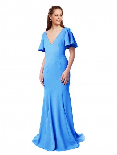 Peacock Blue V-Neck Short Sleeves V-Back Mermaid, Sheath Prom Dress / Bridesmaid Dress Townsville