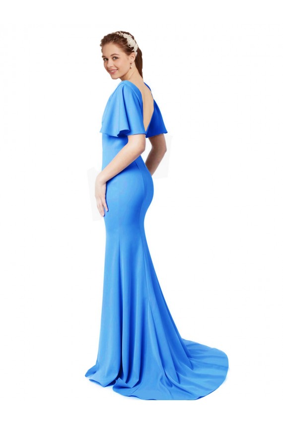 Peacock Blue V-Neck Short Sleeves V-Back Mermaid, Sheath Prom Dress / Bridesmaid Dress Townsville