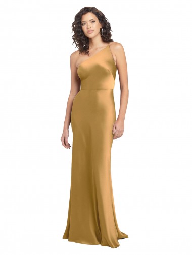 Gold One Shoulder Sleeveless Stretch Satin A-Line Formal Evening Gown / Prom Dress / Bridesmaid Dress Townsville