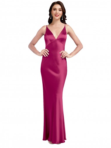 Fuchsia V-Neck Sleeveless Low Back Stretch Satin A-Line Formal Evening Dress / Bridesmaid Dress Townsville