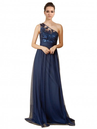 Dark Navy One Shoulder Sleeveless Tulle A-Line Bridesmaid Dress Townsville