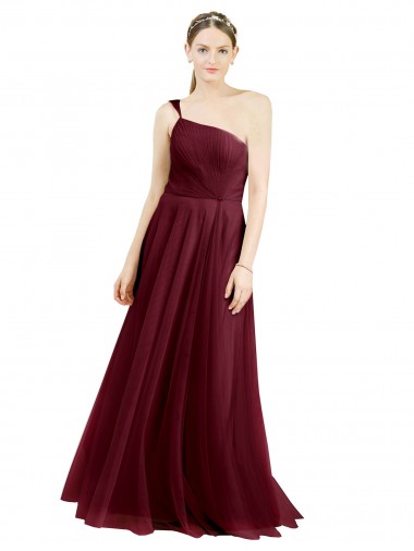 Burgundy One Shoulder Sleeveless Tulle A-Line Semi Formal Evening Dress / Bridesmaid Dress Townsville