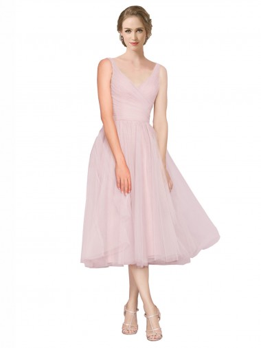 Pink V-Neck Sleeveless V-Back Tulle A-Line Bridesmaid Dress Townsville