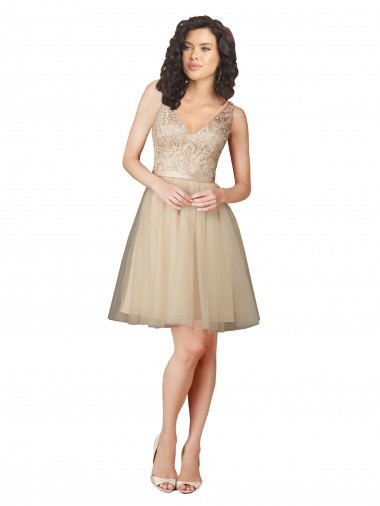 Champagne V-Neck Sleeveless V-Back Tulle & Lace A-Line Bridesmaid Dress Townsville