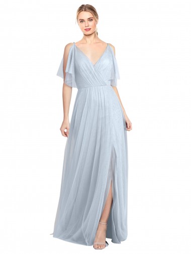 Light Sky Blue V-Neck Flutter Sleeves V-Back Tulle A-Line Bridesmaid Dress / Evening Dress Townsville