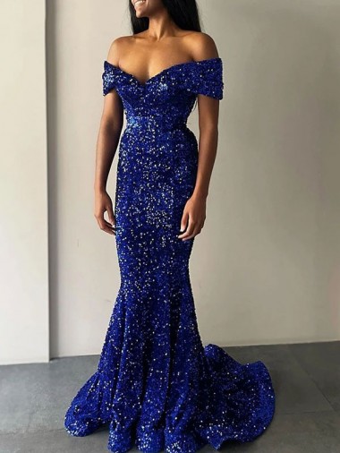 Royal Blue Off the Shoulder Sleeveless Mermaid Prom Dresses Townsville