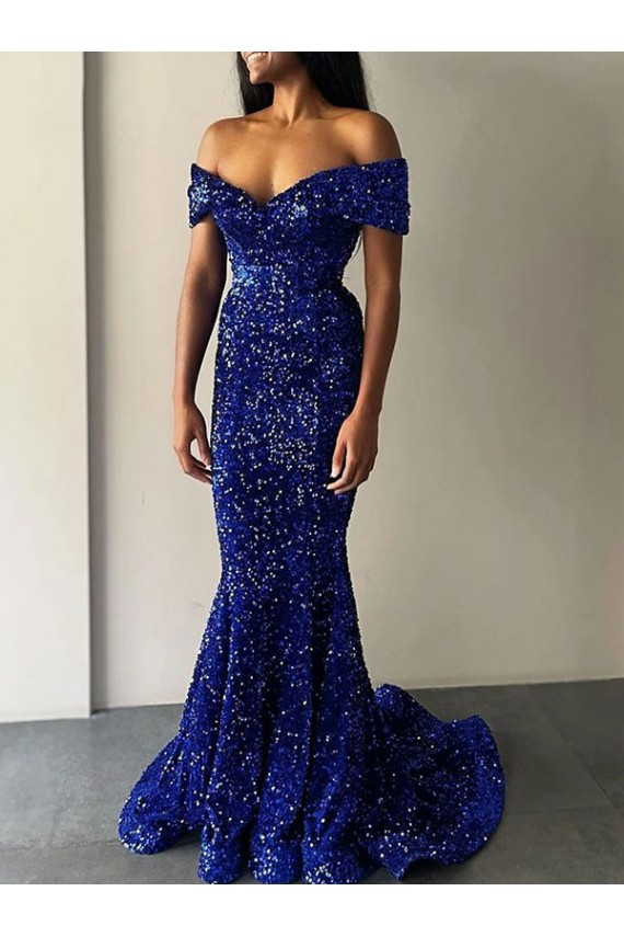 Royal Blue Off the Shoulder Sleeveless Mermaid Prom Dresses Townsville