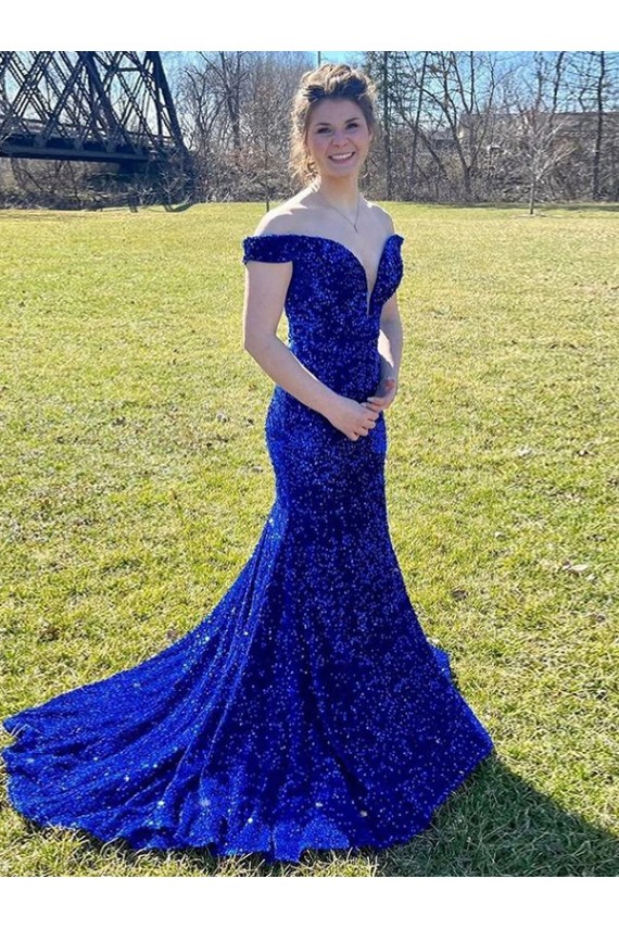 Royal Blue Off the Shoulder Sleeveless Sheath Prom Dress Townsville